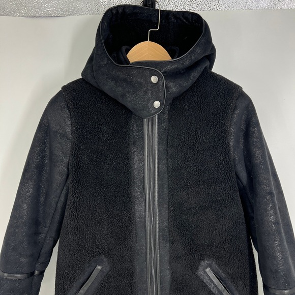 Abercrombie Fitch Black Faux Leather Sherpa Lined Hooded Coat‎ Women's Size M - Picture 11 of 15